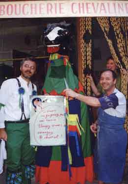 Sheffield City Morris's horse 'Shergar' outside a butcher's shop in France