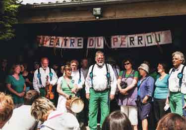 Sheffield City Morris performing for friends and neighbours of members, Chris and Mal Willans, at their property in Perrou, Normandy, France