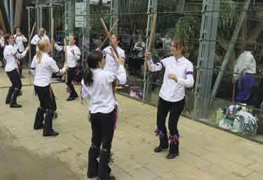 Friends of Sheffield City Morris. Pecsaetan Morris from Sheffield performing outside the Winter Garden, Surrey Street 