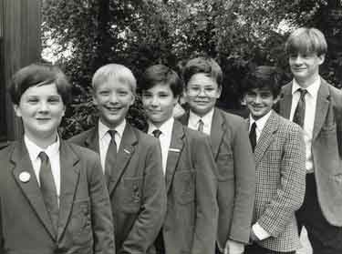 Group of school children showing (2nd left) John Martin Buxton, son of John Gordon Buxton (1917 - 1990s) who was Director/Managing Director of Brass Founders (Sheffield) and heavily involved in the St. John Ambulance