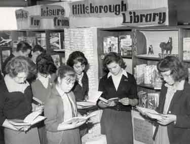 Display of books in a school organised by Hillsborough Branch Library