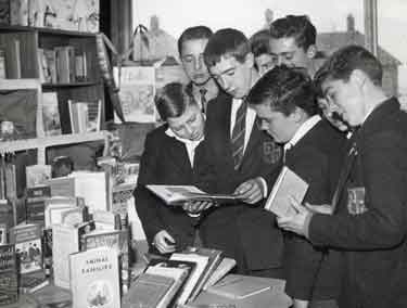 Display of books in a school organised by Hillsborough Branch Library