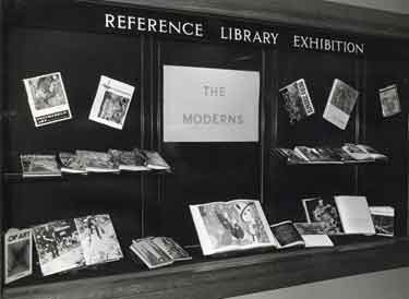 The Moderns, an exhibition of books and records, display window, Reference Library, Central Library, Surrey Street