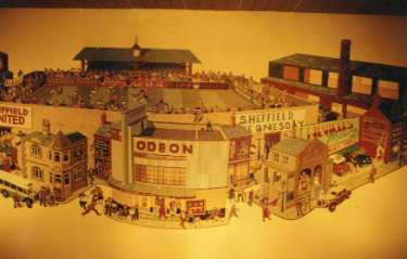Unidentified mural of places around Sheffield showing Bramall Lane, Sheffield United F.C.; Hillsborough, Sheffield Wednesday F. C.; Odeon Cinema, Barkers Pool and Neville Motors