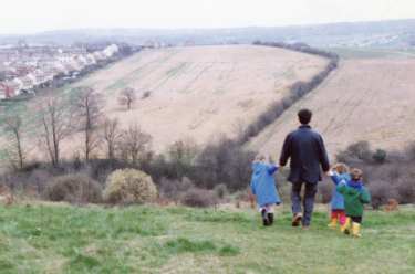 View from hill above fields later to become Cardwell Drive and Cardwell Avenue showing (top left) New Cross Walk, c. 1992
