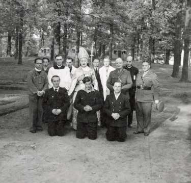 Visit of Archbishop of Nottingham and British military officers to probably Norton prisoner of war camp 174, Cuckney, near Mansfield, Nottinghamshire