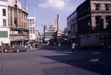 Junctions of (left) High Street (centre) Haymarket (right) Commercial Street and (foreground) Fitzalan Square showing (back centre) Castle Market