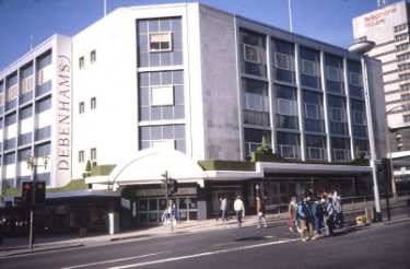 Debenhams, department store, The Moor from the junction with Furnival Gate showing (right) Telephone House