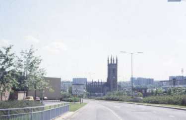 St. Mary's Gate looking towards Bramall Lane roundabout showing (centre) St. Mary C. of E. Church, Bramall Lane and (left) Ellin Street
