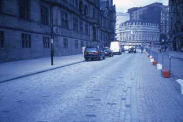 Surrey Street looking towards Fargate and (centre) Yorkshire House showing (left) Town Hall
