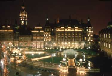 Peace Gardens at night showing (back) Town Hall and (right) Town Hall Extension (also known as the Egg Box)