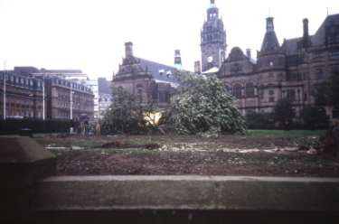 Construction work in the Peace Gardens showing (left) buildings on Pinstone Street and (back) Town Hall