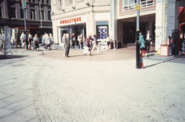 Fargate showing (top centre) No. 66 Virgin Megastore and (top right) entrance to Orchard Square Shopping Centre