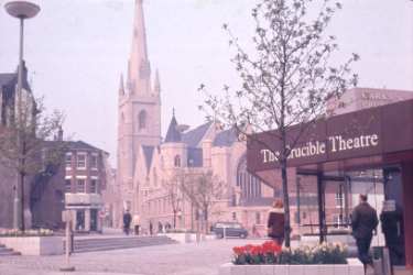 Tudor Square looking towards (centre) St Marie Roman Catholic Cathedral, Norfolk Row and (right) the Crucible Theatre