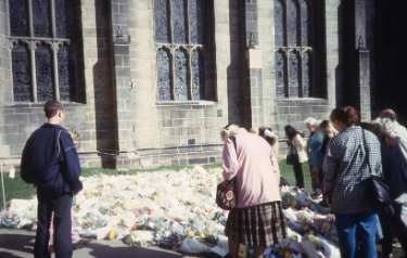 Floral tributes following the death of Diana, Princess of Wales outside Sheffield Cathedral, Church Street