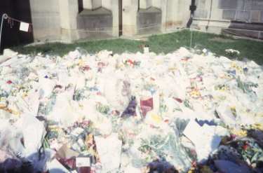 Floral tributes following the death of Diana, Princess of Wales outside Sheffield Cathedral, Church Street