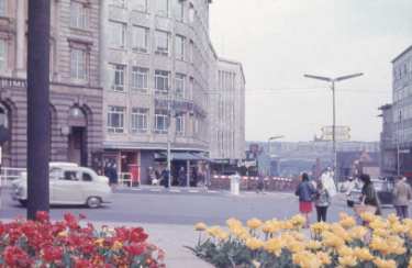 Market Place looking towards Angel Street showing Yorkshire Insurance House, Nos. 1 - 13 Angel Street, T.B and W. Cockayne Ltd., department store, c.1950s