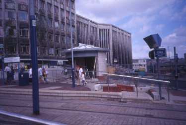 Construction of Castle Square and the Supertram stop following the filling in of the Hole in the Road showing (left) Yorkshire Insurance House, Nos. 1 - 13 Angel Street