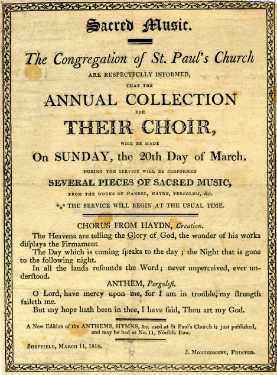 Broadsheet informing the congregation of St. Pauls Church of the annual collection for their choir
