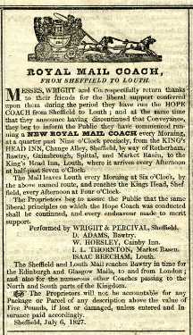 Advertisement for the Royal Mail coach from Sheffield to Louth in the Sheffield Courant