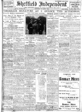 Front page of the Sheffield Independent showing the headline for the signing of the treaty of Versailles, formally ending World War One
