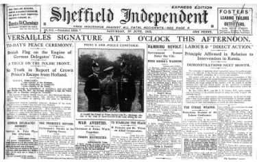 Detail from Sheffield Independent showing the headline for the signing of the treaty of Versailles, formally ending World War One