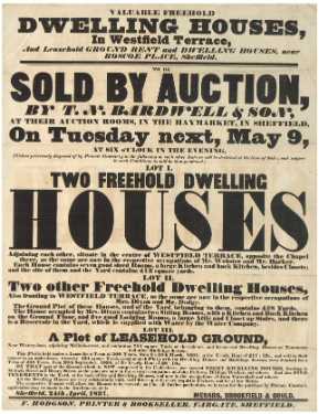 Bill announcing the sale by auction of dwelling houses in Westfield Terrace, Sheffield (opposite the chapel)