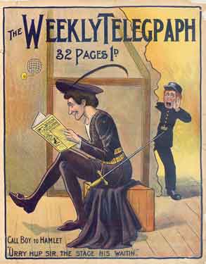 Sheffield Weekly Telegraph poster: call boy to Hamlet 'Urry hup, sir, the stage is waitin', 1901