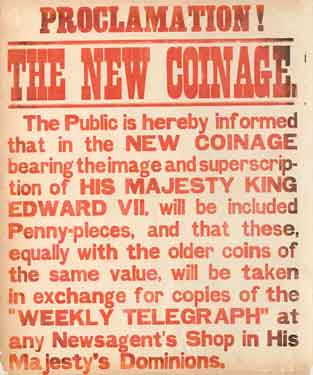 Sheffield Weekly Telegraph poster: new coins for King Edward VII
