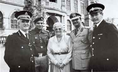 South Yorkshire Police: The Deputy Lord Mayor of Sheffield, Councillor Mrs Phyllis Smith and liaison officers outside the Town Hall welcome senior Indian police officers