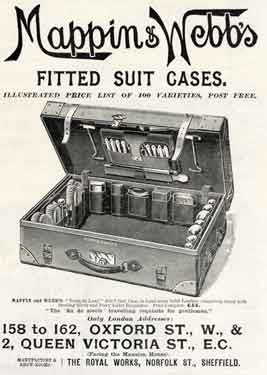 Advertisement for fitted suit cases, Mappin and Webb Ltd., silversmiths, Royal Works, Norfolk Street