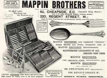Advertisement for Mappin Brothers, Queen's Works, corner of Pond Street and Bakers Hill