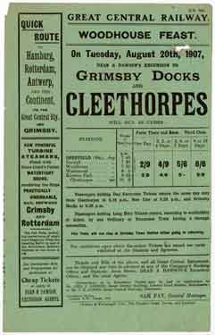 Great Central Railway: poster advertising Woodhouse Feast excursion to Grimsby Docks and Cleethorpes