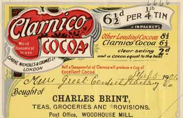 Advertisement (billhead) for Clarnico Cocoa, Charles Brint, teas, groceries and provisions, Woodhouse