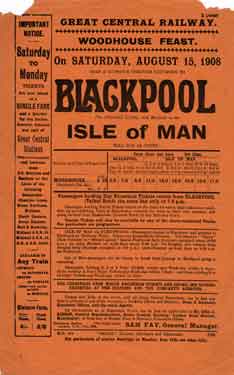 Great Central Railway: poster advertising, Woodhouse Feast, Dean and Dawson's through excursion to Blackpool and the Isle of Man
