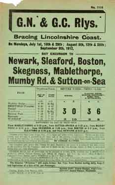 Great Northern Railway and Great Central Railway: poster advertising, excursions to Newark, Sleaford, Boston, Skegness, Mablethorpe, Mumby Road and Sutton on Sea
