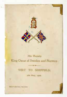 Cover of menu card for a dinner for the visit to Sheffield of the King of Sweden and Norway to inspect the Cyclops Works of Charles Cammell and Co. Ltd., Savile Street