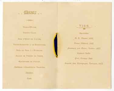 Menu card for a dinner for the visit to Sheffield of the King of Sweden and Norway to inspect the Cyclops Works of Charles Cammell and Co. Ltd., Savile Street, Attercliffe