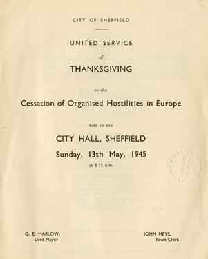 Cover of programme for the united service of thanksgiving on the cessation of organised hostilities in Europe