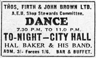 Advertisement for [V.E Day] Dance, Thomas Firth and John Brown Ltd., A.E.U. Shop Steward's Committee at City Hall