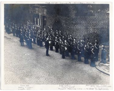 ARP ambulance station at Corporation Street, with large group of ambulance drivers (mostly female) lined up outside, c. 1939