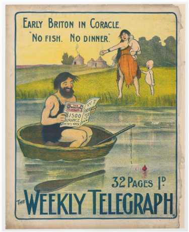 Sheffield Weekly Telegraph poster: Early Briton in coracle. No fish, no dinner