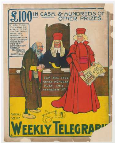Sheffield Weekly Telegraph poster: Can you tell what popular play this represents? £100 in cash and hundreds of other prizes