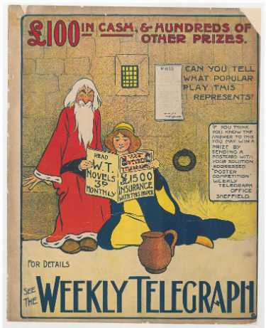 Sheffield Weekly Telegraph poster: Can you tell what popular play this represents? £100 in cash and hundreds of other prizes