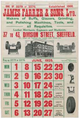 James Farrer and Sons Ltd., makers of buffs, glazers, grinding and polishing machines, etc., Division Street - calendar