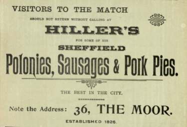 Advertisement for Hiller's, polonies, sausages and pork pies, No. 36 The Moor