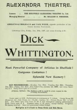 Advertisement for the pantomime Dick Whittington at the Alexandra Theatre, Blonk Street