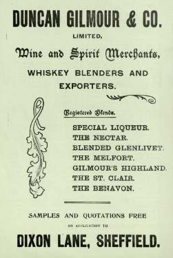 Advertisement for Duncan Gilmour and Co., wine and spirit merchants, Dixon Lane