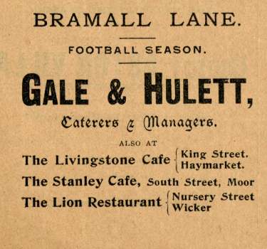 Advertisement for Gale and Hulett, caterers and managers, Bramall Lane