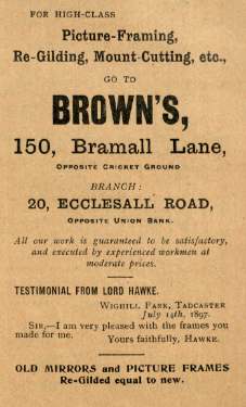 Advertisement for Brown's, picture framers, No. 150 Bramall Lane